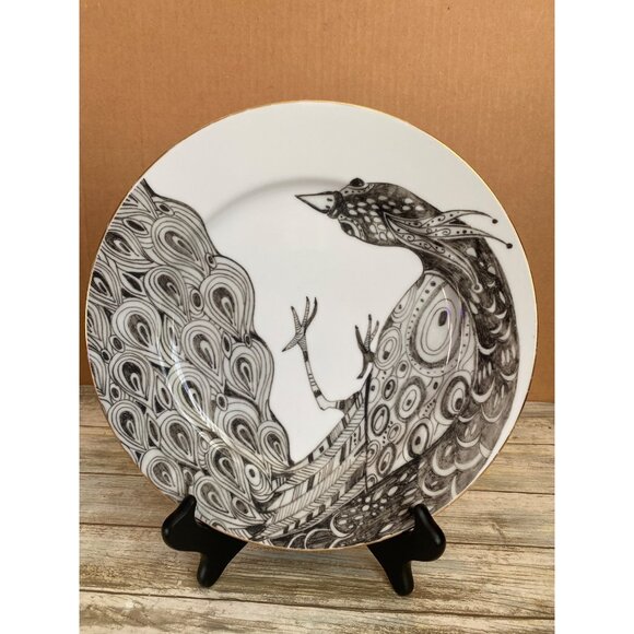Anthropologie Peacock 10" Dinner Plate Japan Black White Gold Rim Discontinued - Picture 1 of 8